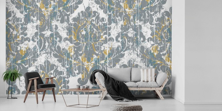 Graues und goldenes Vintage-Tapetenbild namens Grunge Damask für Schlafzimmer, Wohnzimmer und Küchen
