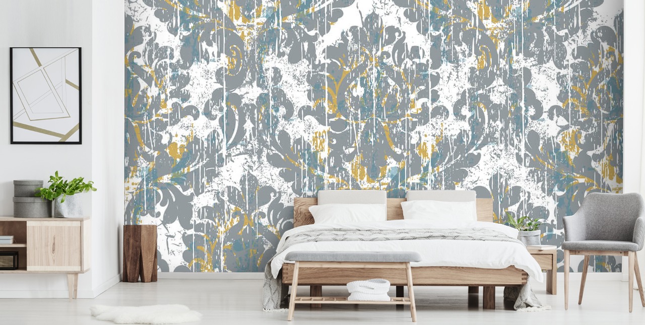 grå och guld vintage tapetväggmålning kallad Grunge Damask för sovrum, vardagsrum och kök