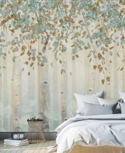björkträd med ankaäggblå löv tapetväggmålning kallad Dream Forest av James Wiens för vardagsrum, hallar och matsalar björkträd med ankaäggblå löv tapetväggmålning kallad Dream Forest av James Wiens för vardagsrum, hallar och matsalar