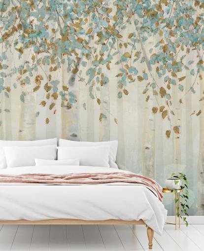 papier peint mural en forme de bouleau avec œuf de canard et feuilles bleues appelé Dream Forest de James Wiens pour les salons, les couloirs et les salles à manger papier peint mural en forme de bouleau avec œuf de canard et feuilles bleues appelé Dream Forest de James Wiens pour les salons, les couloirs et les salles à manger