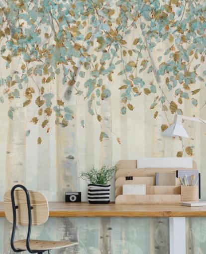 mural de papel de parede de bétula com ovo de pato, folhas azuis, chamado Dream Forest, de James Wiens, para salas de estar, corredores e salas de jantar mural de papel de parede de bétula com ovo de pato, folhas azuis, chamado Dream Forest, de James Wiens, para salas de estar, corredores e salas de jantar