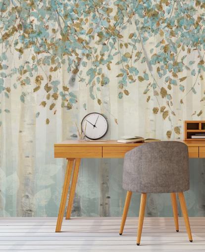 berkenboom met eendenei en blauwe bladeren behangmuurschildering genaamd Dream Forest van James Wiens voor woonkamers, gangen en eetkamers berkenboom met eendenei en blauwe bladeren behangmuurschildering genaamd Dream Forest van James Wiens voor woonkamers, gangen en eetkamers