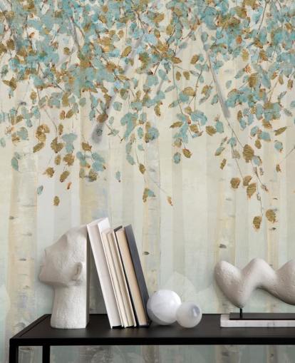 Wandbild „Dream Forest“ von James Wiens, Birke mit Entenei und blauen Blättern, für Wohnzimmer, Flure und Esszimmer Wandbild „Dream Forest“ von James Wiens, Birke mit Entenei und blauen Blättern, für Wohnzimmer, Flure und Esszimmer