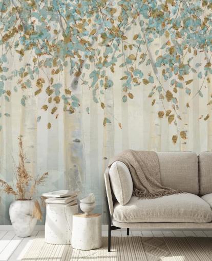 berkenboom met eendenei en blauwe bladeren behangmuurschildering genaamd Dream Forest van James Wiens voor woonkamers, gangen en eetkamers berkenboom met eendenei en blauwe bladeren behangmuurschildering genaamd Dream Forest van James Wiens voor woonkamers, gangen en eetkamers