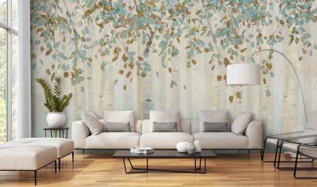 berkenboom met eendenei en blauwe bladeren behangmuurschildering genaamd Dream Forest van James Wiens voor woonkamers, gangen en eetkamers