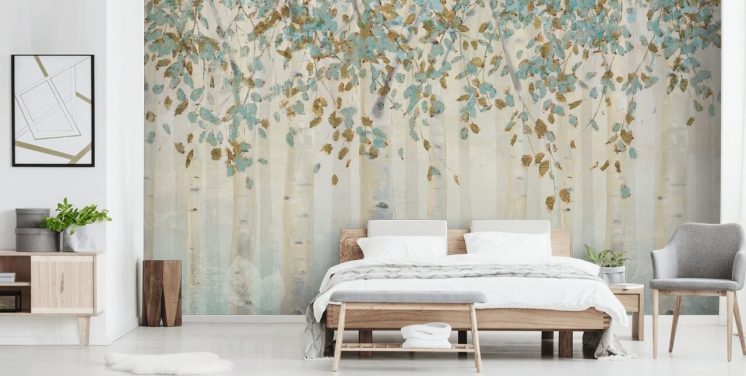 berkenboom met eendenei en blauwe bladeren behangmuurschildering genaamd Dream Forest van James Wiens voor woonkamers, gangen en eetkamers