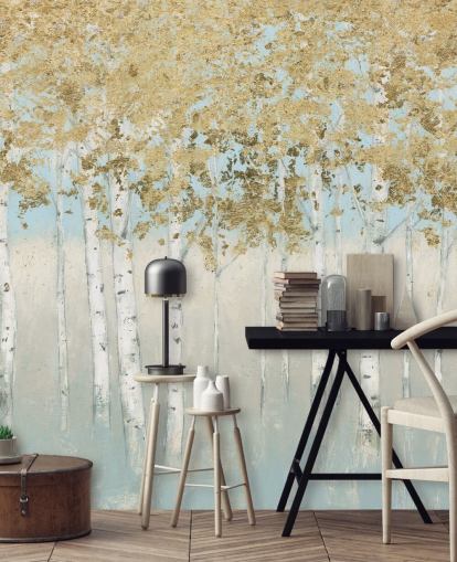 björkträd med gyllene blad och ljusrosa himmel tapeter björkträd med gyllene blad och ljusrosa himmel tapeter