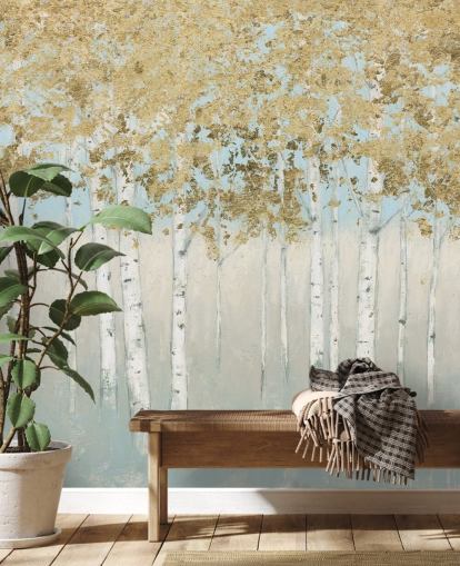 Birken mit goldenen Blättern und hellrosa Himmel Tapete Birken mit goldenen Blättern und hellrosa Himmel Tapete