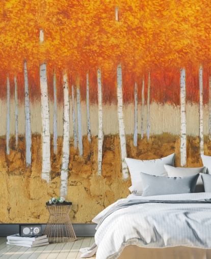 oranje bladeren en berkenbomen behang oranje bladeren en berkenbomen behang