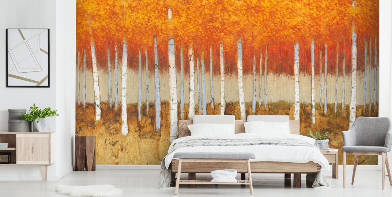 orange leaves and birch trees wallpaper