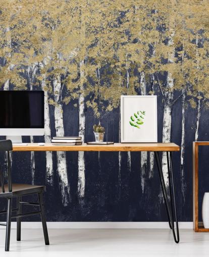 dunkelblaue und goldfarbene Birkentapete dunkelblaue und goldfarbene Birkentapete