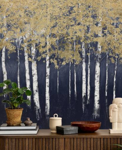 papel pintado de abedul en tonos azul oscuro y dorado papel pintado de abedul en tonos azul oscuro y dorado