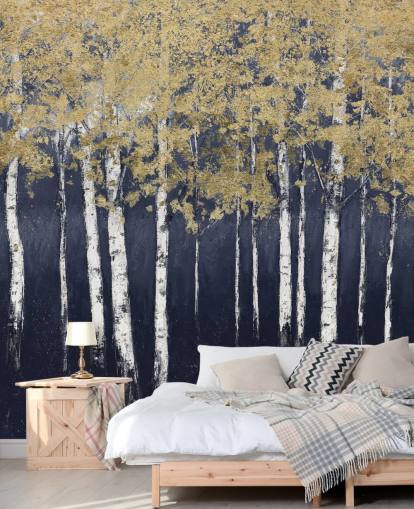 papier peint en bouleau bleu foncé et doré papier peint en bouleau bleu foncé et doré