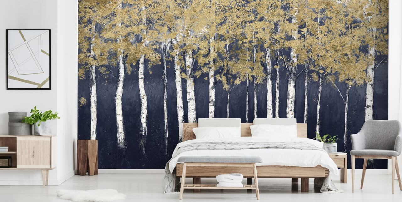 carta da parati in betulla dai toni blu scuro e oro carta da parati in betulla dai toni blu scuro e oro