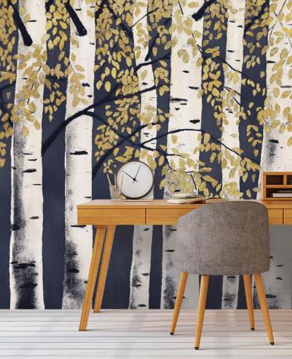 donker indigo en goud berkenboom behang donker indigo en goud berkenboom behang