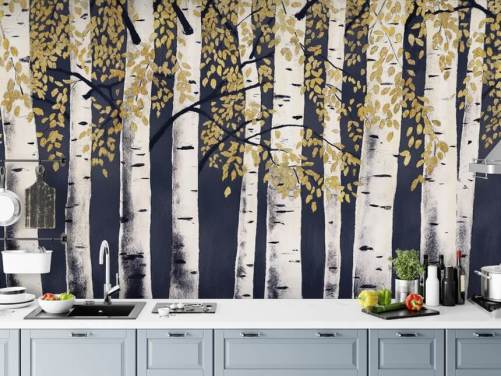 papel pintado abedul oscuro índigo y dorado