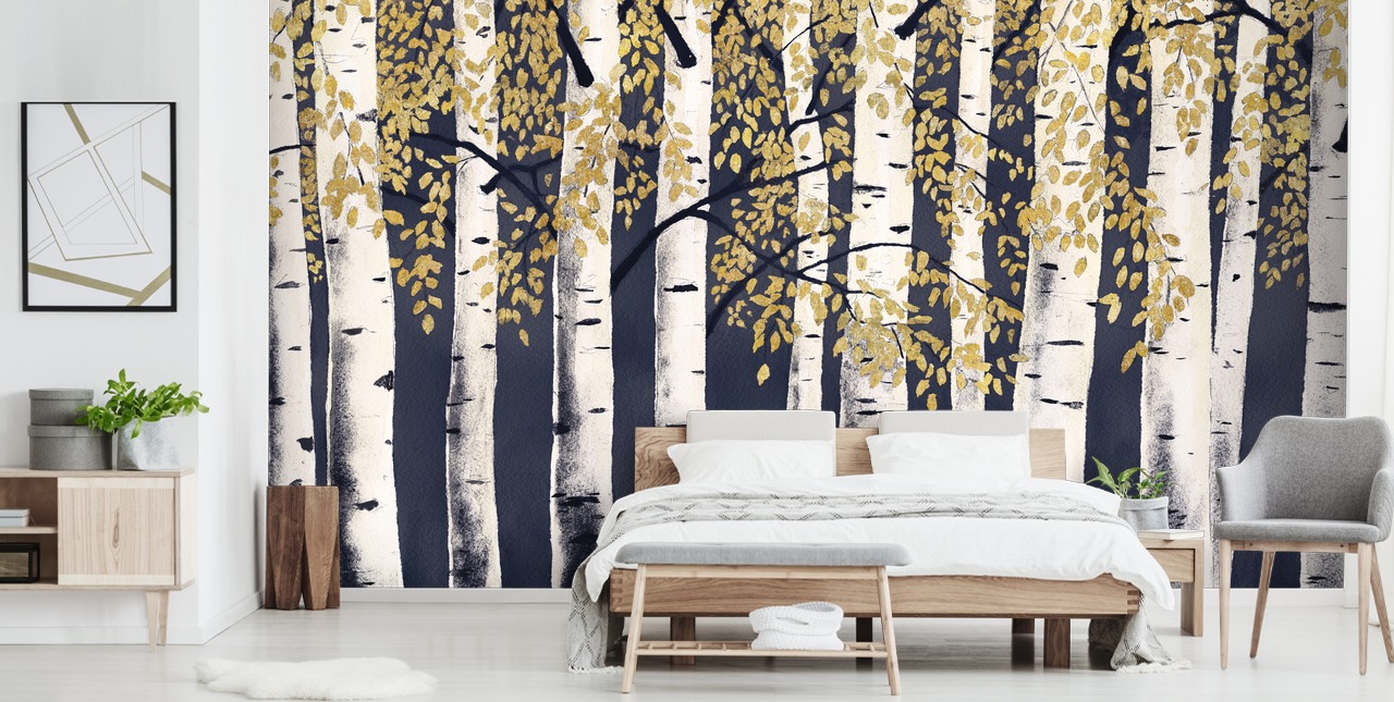 dark indigo and gold birch tree wallpaper