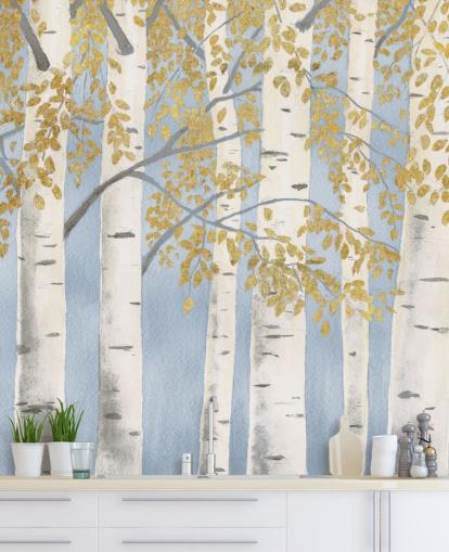 lichtblauw, wit en goud berkenboombehang lichtblauw, wit en goud berkenboombehang