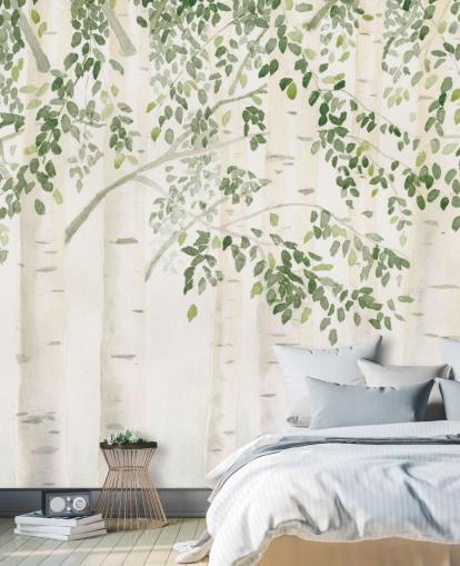 green and white custom birch tree wallpaper mural called Fresh Forest Green by James Wiens for bedrooms green and white custom birch tree wallpaper mural called Fresh Forest Green by James Wiens for bedrooms
