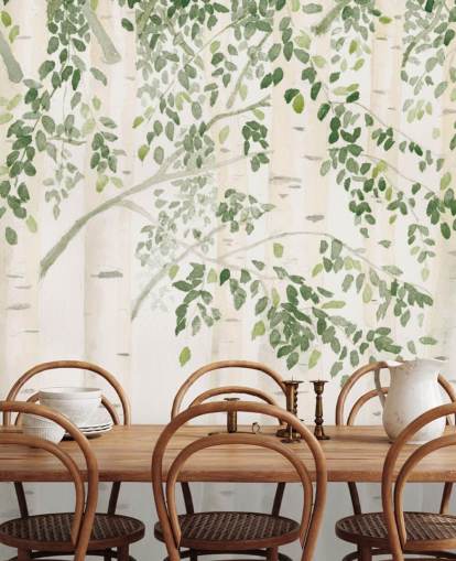 mural de papel pintado de abedul personalizado verde y blanco llamado Fresh Forest Green de James Wiens para dormitorios mural de papel pintado de abedul personalizado verde y blanco llamado Fresh Forest Green de James Wiens para dormitorios
