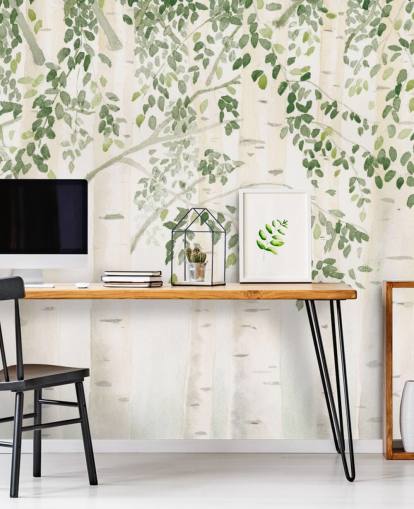 grön och vit anpassad björkträd tapetväggmålning kallad Fresh Forest Green av James Wiens för sovrum grön och vit anpassad björkträd tapetväggmålning kallad Fresh Forest Green av James Wiens för sovrum