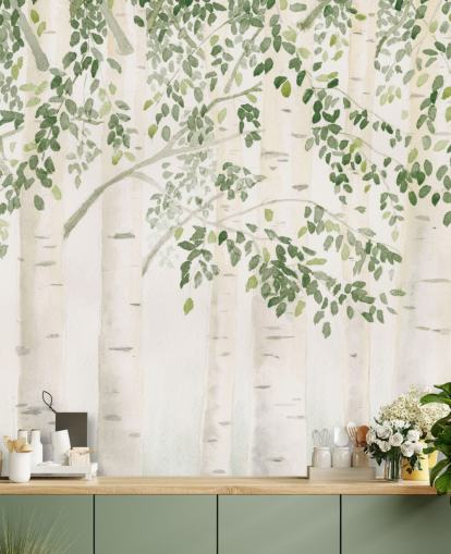 green and white custom birch tree wallpaper mural called Fresh Forest Green by James Wiens for bedrooms green and white custom birch tree wallpaper mural called Fresh Forest Green by James Wiens for bedrooms