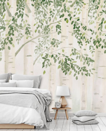 grön och vit anpassad björkträd tapetväggmålning kallad Fresh Forest Green av James Wiens för sovrum grön och vit anpassad björkträd tapetväggmålning kallad Fresh Forest Green av James Wiens för sovrum