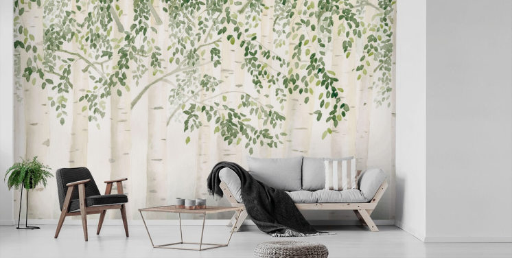 grön och vit anpassad björkträd tapetväggmålning kallad Fresh Forest Green av James Wiens för sovrum