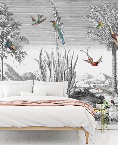 sfondo bianco e nero con carta da parati uccelli colorati sfondo bianco e nero con carta da parati uccelli colorati