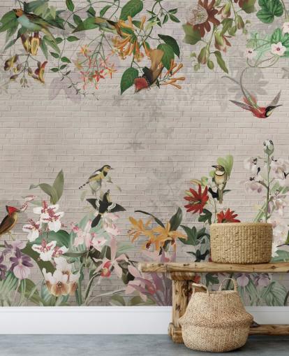 fake brick wall and birds and tropical plants wallpaper fake brick wall and birds and tropical plants wallpaper