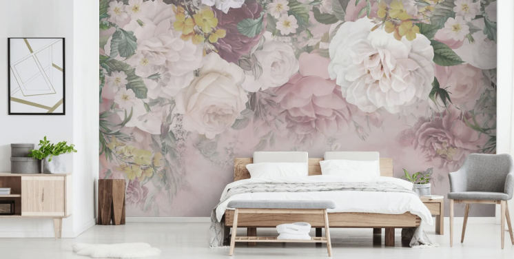 papier peint fleurs roses et blanc cassé