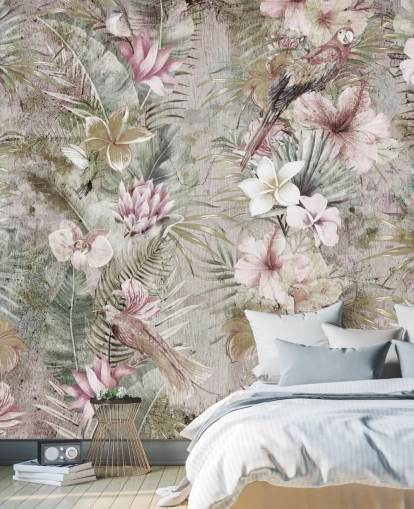 papel de parede de flores e pássaros tropicais papel de parede de flores e pássaros tropicais