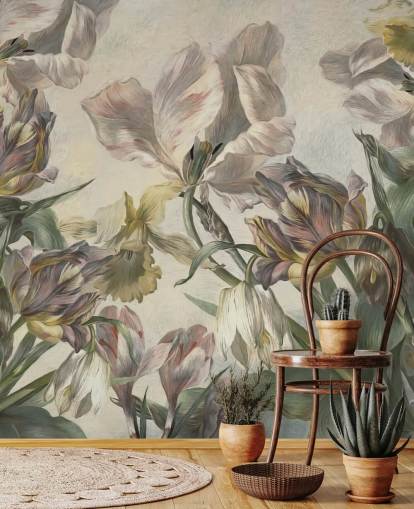vintage stijl tulpen behangmuurschildering genaamd Antique Tulips van Marina Stupakova voor slaapkamers en woonkamers vintage stijl tulpen behangmuurschildering genaamd Antique Tulips van Marina Stupakova voor slaapkamers en woonkamers