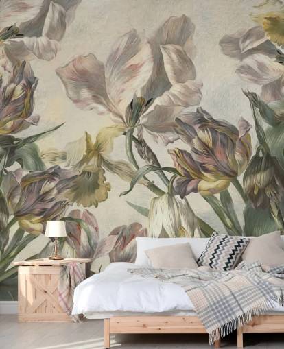 vintage stil tulpaner tapetväggmålning kallad Antique Tulips av Marina Stupakova för sovrum och vardagsrum vintage stil tulpaner tapetväggmålning kallad Antique Tulips av Marina Stupakova för sovrum och vardagsrum