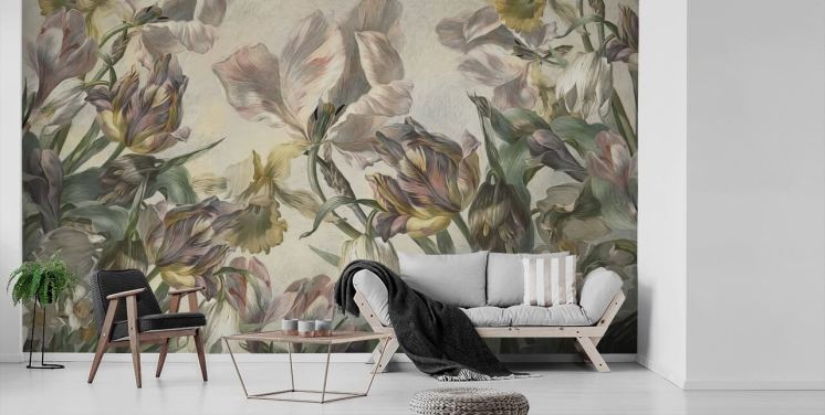 vintage stil tulipaner tapetmaleri kaldet Antique Tulians af Marina Stupakova til soveværelser og stuer