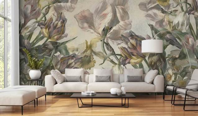 vintage style tulips wallpaper mural called Antique Tulips by Marina Stupakova for bedrooms and living rooms