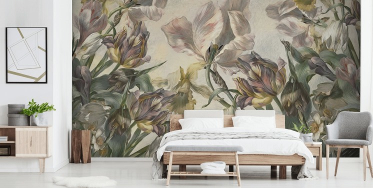 vintage stil tulpaner tapetväggmålning kallad Antique Tulips av Marina Stupakova för sovrum och vardagsrum