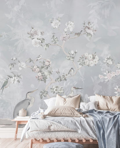 papier peint oiseaux et fleurs chinoiserie gris clair papier peint oiseaux et fleurs chinoiserie gris clair