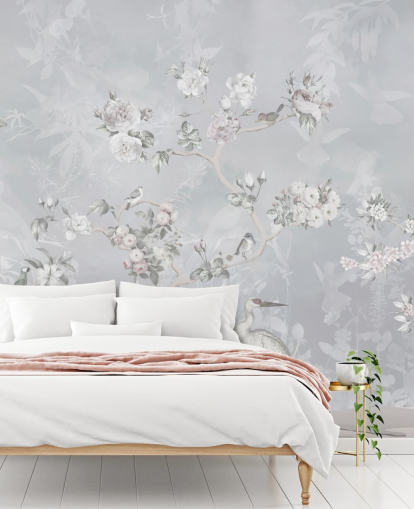 lys grå chinoiserie fugl og floral tapet lys grå chinoiserie fugl og floral tapet