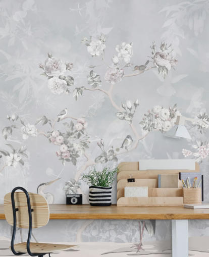 vaaleanharmaa chinoiserie lintu ja kukkatapetit vaaleanharmaa chinoiserie lintu ja kukkatapetit