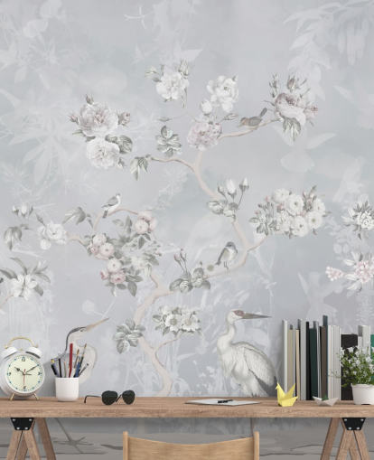 vaaleanharmaa chinoiserie lintu ja kukkatapetit vaaleanharmaa chinoiserie lintu ja kukkatapetit