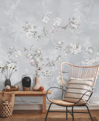 pássaro chinoiserie cinza claro e papel de parede floral pássaro chinoiserie cinza claro e papel de parede floral