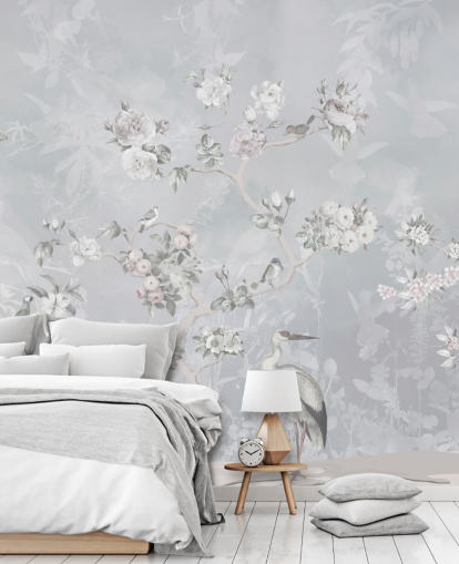light grey chinoiserie bird and floral wallpaper light grey chinoiserie bird and floral wallpaper