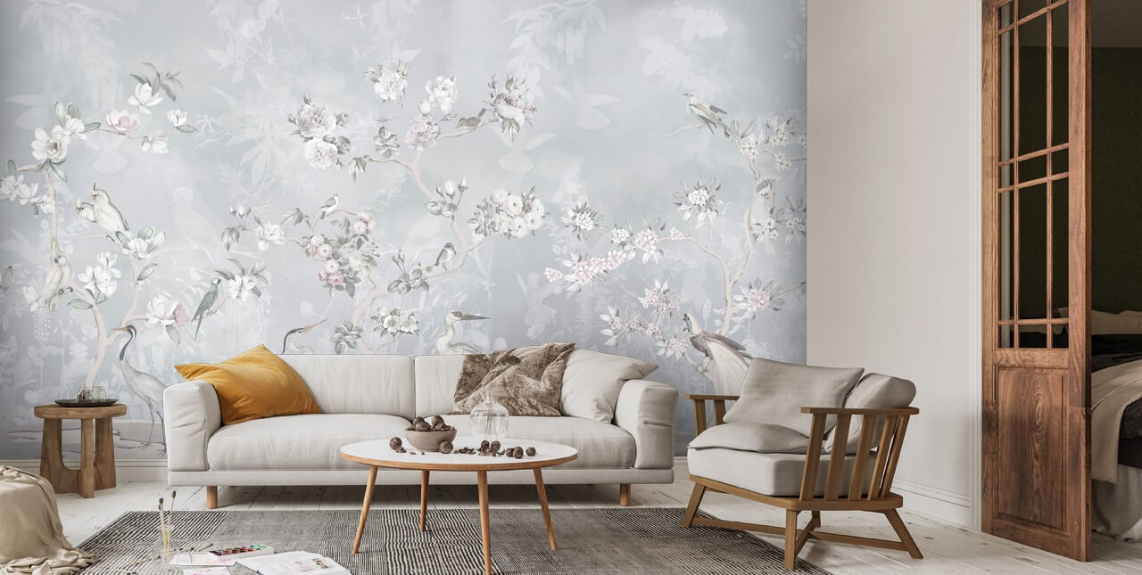 Grey Chinoiserie Garden Wall Mural | Wallsauce UK