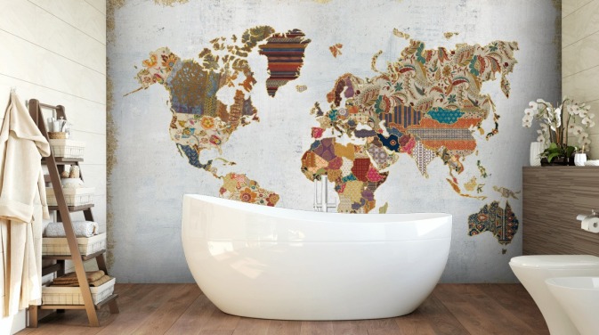 patterned and colourful world map wallpaper