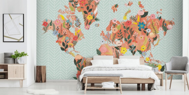 floral orange world map wallpaper