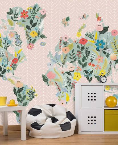 lichtroze bloemenbehang met wereldkaart lichtroze bloemenbehang met wereldkaart
