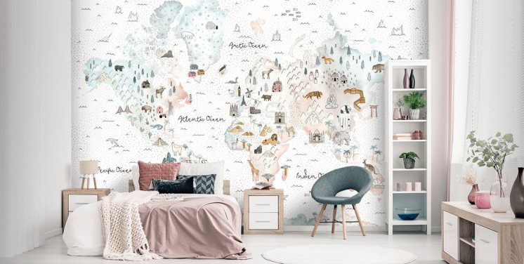 nursery animal world map wallpaper
