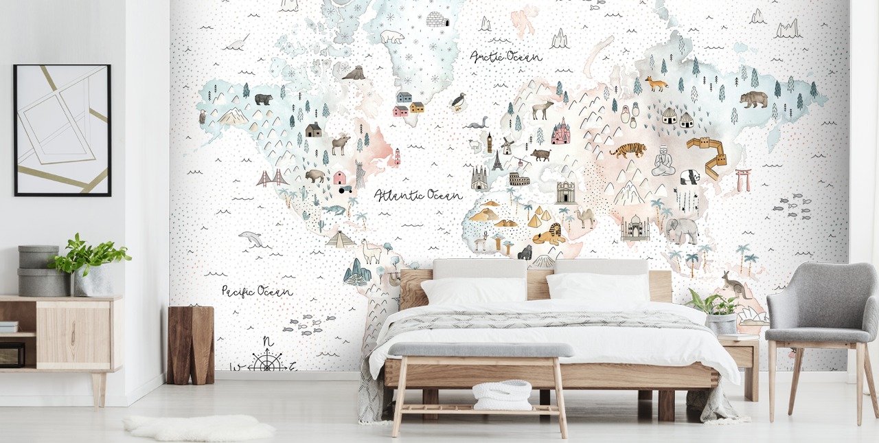 nursery animal world map wallpaper