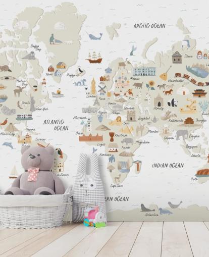 papel tapiz de mapa del mundo infantil en tonos naturales papel tapiz de mapa del mundo infantil en tonos naturales